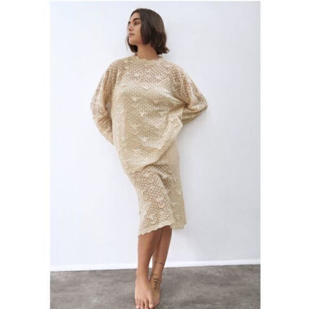 ZARA beige cream wool Medium Large Ecru Pointelle Knit Dress and sweater